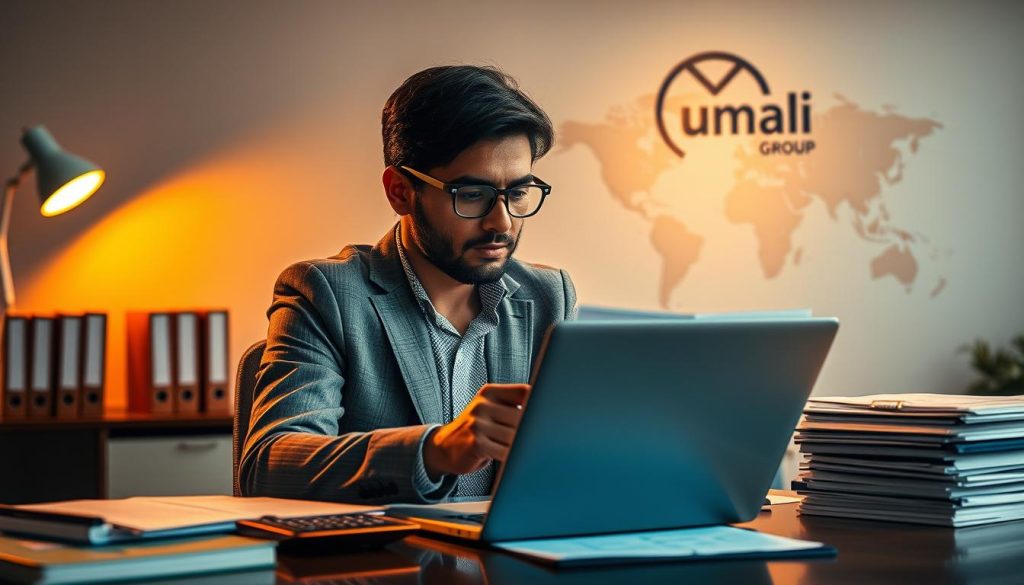 A sophisticated office scene with a Umalis Group accountant meticulously reviewing financial statements on a laptop, surrounded by organized binders, ledgers, and a calculator. Warm lighting casts a professional glow, emphasizing the intricate process of accounting and financial management for a thriving business. The accountant's expression is focused, conveying expertise and diligence. In the background, a stylized world map and company logo subtly suggest the global reach and trustworthy reputation of the Umalis Group. The overall atmosphere evokes a sense of competence, reliability, and attention to detail essential for effective corporate accounting.