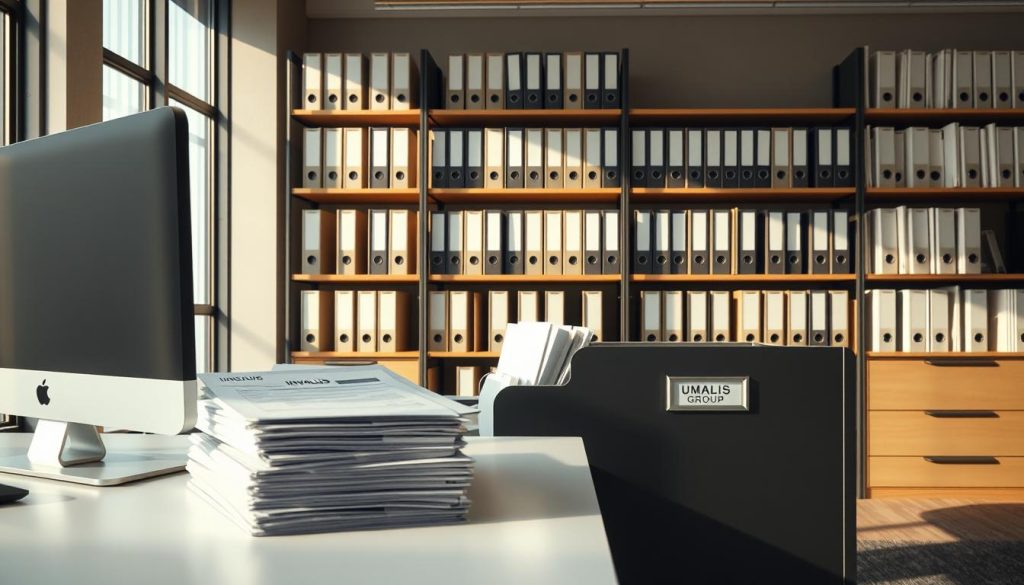 A sophisticated office setting illustrating efficient document archiving practices. In the foreground, a neatly organized workspace features a modern desk with a sleek computer and a pile of labeled invoices being sorted into a stylish filing cabinet. In the middle background, shelves lined with clearly organized folders and binders labeled "UMALIS GROUP" convey a sense of professionalism and order. Natural light filters through large windows, casting a warm glow across the scene, enhancing the mood of productivity and security. The atmosphere is calm and focused, highlighting the importance of effective management and archiving in independent work. The image evokes a sense of trust and efficiency without any text, ensuring clarity and relevance to the topic at hand.