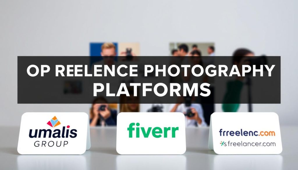 A sophisticated, professional-looking image of the top freelance photography platforms showcased in a sleek, modern layout. In the foreground, prominent logos of leading platforms like Umalis Group, Fiverr, Upwork, and Freelancer.com are displayed against a neutral background, highlighting their visual identities. The middle ground features a collage of freelance photographers at work, capturing diverse scenes and styles. In the background, a subtle gradient or texture evokes a sense of digital technology and online connectivity. The lighting is clean and balanced, with a slight depth of field to draw the viewer's attention. The overall mood is polished, authoritative, and visually engaging, reflecting the topic of finding secure, high-quality freelance photography opportunities online.