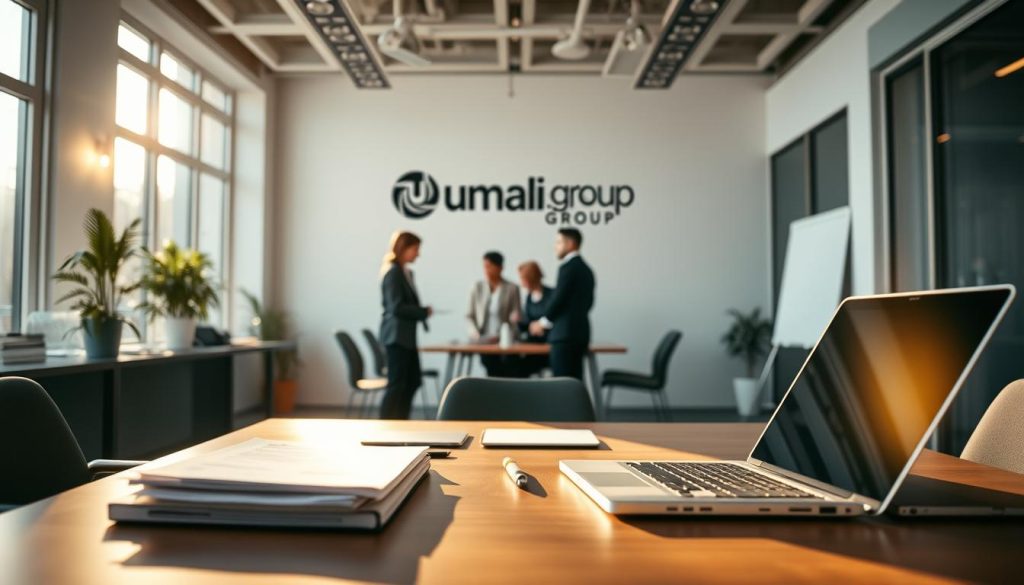 A sophisticated professional office environment, bathed in warm, natural light. In the foreground, a desk with a laptop and documents, representing the core administrative tasks of "portage salarial". In the middle ground, a team of business professionals collaborating, symbolizing the collaborative nature of the service. In the background, the Umalis Group logo is prominently displayed, highlighting the trusted brand behind this solution. The scene conveys a sense of efficiency, organization, and the seamless integration of independent work within a supportive, corporate framework.