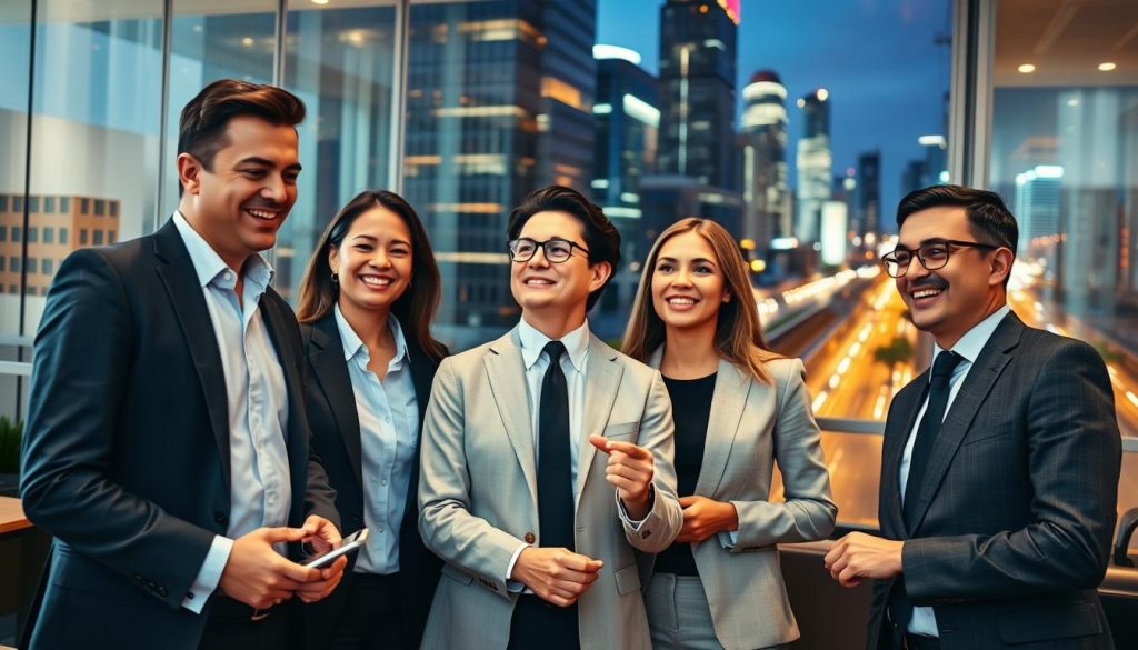 A sophisticated selection of business support experts from the Umalis Group, captured in a high-quality photograph. In the foreground, a group of professionals in formal attire engage in animated discussion, their faces exuding confidence and expertise. In the middle ground, a modern office setting with sleek furniture and warm lighting creates a professional, yet inviting atmosphere. In the background, a cityscape of towering skyscrapers and bustling streets suggests the global reach and influence of the Umalis Group's network of consultants. The composition emphasizes the collaborative nature of the company's services, conveying a sense of trust, guidance, and tailored solutions for clients.