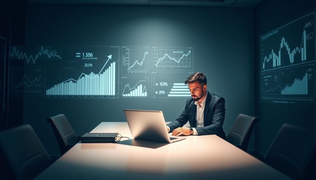 A sophisticated simulation of a "portage salarial" financial scenario, commissioned by the Umalis Group. Set in a sleek, contemporary office environment, the scene depicts a professional working at a laptop, surrounded by abstract financial graphs and charts projected onto the walls. The lighting is soft and directional, creating a contemplative atmosphere as the individual examines the simulation's results. The composition emphasizes the integration of technology and data-driven decision-making, reflecting the Umalis Group's expertise in this domain.