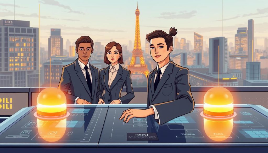 A sophisticated, technologically-advanced French guidance system, set against the backdrop of a modern, bustling cityscape. In the foreground, a sleek, chrome-plated control panel with intuitive touch interfaces and holographic displays, casting a warm, ambient glow. In the middle ground, a team of professionals in crisp, tailored uniforms expertly navigating the system, their faces illuminated by the soft, diffused lighting. In the background, the iconic architecture of Paris skyline, bathed in a golden-hour hue, conveying a sense of timeless elegance and tradition. The overall atmosphere is one of efficiency, innovation, and a steadfast commitment to guiding individuals towards a secure future.