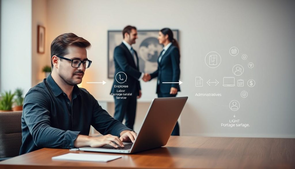 A sophisticated three-way system of "portage salarial" or employee sharing, showcasing the LIGHT PORTAGE brand. In the foreground, a professional software developer or IT consultant working at a laptop, surrounded by a clean, modern office environment with minimalist decor. In the middle ground, two business people in suits shaking hands, representing the tripartite arrangement between the employee, the client company, and the portage salarial service provider. In the background, an abstract illustration depicting the flow of labor, payments, and administrative support between the three entities. Lit by warm, indirect lighting to convey a sense of professionalism and efficiency.