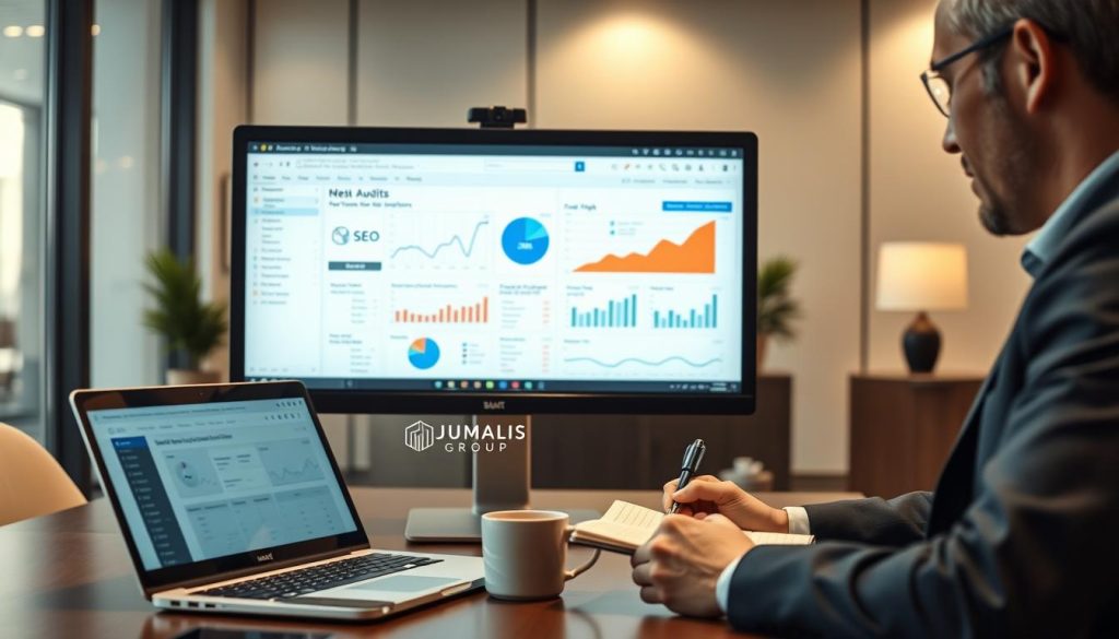 A sophisticated web audit scene showcasing a computer screen displaying a detailed website analysis dashboard. In the foreground, a professional business consultant, dressed in smart attire, intently reviews the data while taking notes on a notepad. The middle ground features a laptop with graphs and SEO analytics, complemented by a coffee cup and a smartphone. In the background, an elegant modern office space with soft ambient lighting creates a focused atmosphere, suggesting professionalism and expertise. The scene is captured from a slight angle to emphasize the detailed screen content. The overall mood is analytical and insightful, conveying the importance of technical website audits. Include branding elements for "UMALIS GROUP" subtly integrated into the computer screen design.