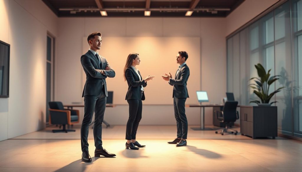 A sophisticated, well-lit 3D illustration of a tripartite relationship between a freelancer, a client, and a LIGHT PORTAGE agency. The freelancer stands in the foreground, confident and professional, while the client and agency representatives occupy the middle ground, engaged in a collaborative discussion. The background features sleek, modern office elements, hinting at the seamless integration of the portage salarial system. The lighting is warm and inviting, conveying a sense of trust and professionalism.