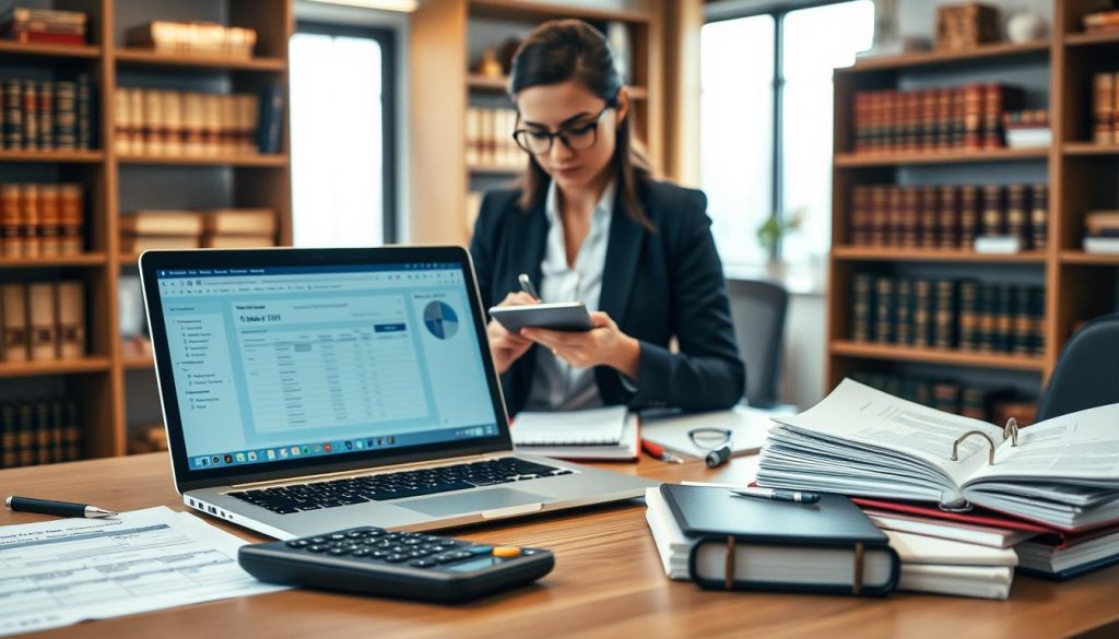 A sophisticated workspace showcasing professional tax tools and resources. In the foreground, a neatly organized desk features a laptop displaying a financial planning software interface, tax forms, a calculator, and a stack of relevant books and documents. In the middle, a professional businesswoman in smart attire confidently reviews data on the laptop, with a notepad and pen at hand. The background is filled with soft-focus bookshelves holding legal and tax reference books, and a window allowing warm, natural light to illuminate the scene. The mood is focused and productive, encapsulating the essence of financial security and expertise. A subtle logo of "UMALIS GROUP" appears on the laptop screen, enhancing professional integrity. A sophisticated workspace showcasing professional tax tools and resources. In the foreground, a neatly organized desk features a laptop displaying a financial planning software interface, tax forms, a calculator, and a stack of relevant books and documents. In the middle, a professional businesswoman in smart attire confidently reviews data on the laptop, with a notepad and pen at hand. The background is filled with soft-focus bookshelves holding legal and tax reference books, and a window allowing warm, natural light to illuminate the scene. The mood is focused and productive, encapsulating the essence of financial security and expertise. A subtle logo of "UMALIS GROUP" appears on the laptop screen, enhancing professional integrity.