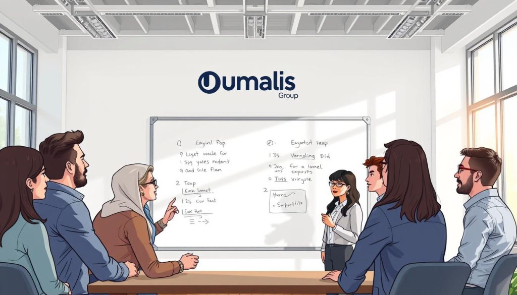 A spacious and well-lit modern office interior, with a large whiteboard taking center stage. Employees gather around the board, engaged in animated discussion, their faces expressing thoughtful consideration. Soft natural lighting filters in through large windows, creating a warm and collaborative atmosphere. The Umalis Group logo is prominently displayed on the wall, reinforcing the professional setting. The scene conveys a sense of clear communication, with team members actively establishing norms and expectations for effective remote collaboration.