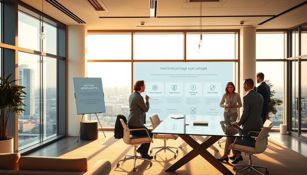 A spacious office interior, flooded with warm, natural light from large windows. Crisp, modern furniture and sleek, minimalist decor create a professional, yet inviting atmosphere. In the foreground, a team of professionals collaborating around a glass conference table, discussing the intricate "mécanismes portage salarial" that power the LIGHT PORTAGE service. The mid-ground showcases a digital display board outlining the key features and benefits of this unique employment model. In the background, a panoramic city skyline can be seen through the expansive windows, symbolizing the wide-ranging opportunities offered by the LIGHT PORTAGE platform.