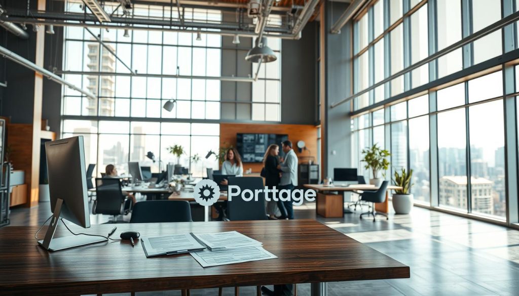 A spacious office interior with an abundance of natural light streaming through large windows. In the foreground, a professional-looking desk with a computer, paperwork, and the "Light Portage" logo prominently displayed. On the desk, a team of business people discussing documents, highlighting the collaborative nature of the portage salarial system. The middle ground features various office furniture and decor, creating a modern, productive atmosphere. In the background, city skyline views outside the windows, suggesting the dynamic, urban context of the portage salarial industry. The lighting is warm and inviting, with a sense of professionalism and opportunity permeating the scene.