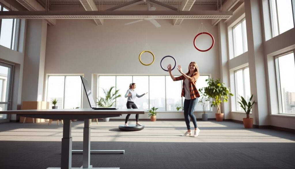 A spacious, sun-drenched office space with a focus on dynamic movement. In the foreground, a LIGHT PORTAGE standing desk setup, its clean lines and minimalist design encouraging frequent posture changes. Nearby, a balance board invites gentle rocking and subtle stretches. The middle ground features a pair of employees taking a "active break", engaged in a playful game of indoor ring toss, their laughter and energetic motions radiating a sense of rejuvenation. In the background, floor-to-ceiling windows flood the room with natural light, while a few potted plants add pops of greenery, fostering an atmosphere of calmness and vitality. The scene conveys the harmony of productivity and physical well-being, inspiring the viewer to incorporate simple, yet effective, movement-based practices into their workday.