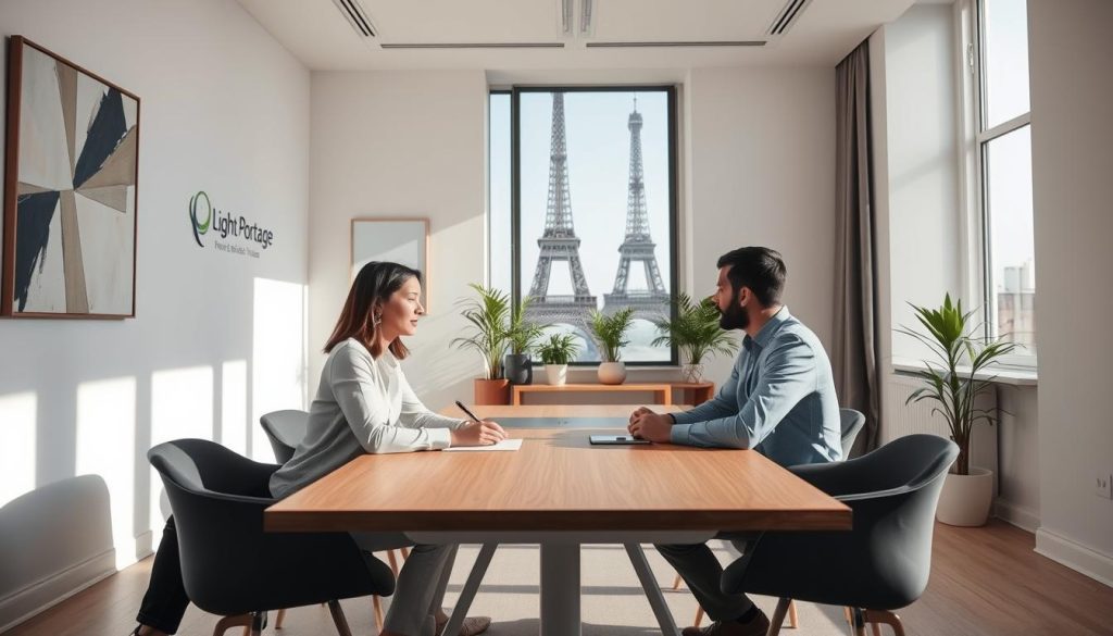 A spacious, sun-lit mediation room in Paris, France. Neutral tones and clean lines create a calming atmosphere. In the foreground, two businesspeople sit across a modern wooden table, engaged in a thoughtful discussion, their expressions conveying a sense of collaborative resolution. Light Portage logo subtly adorns the wall behind them. The middle ground features abstract artwork and potted plants, fostering an environment conducive to productive negotiations. Through large windows, the Eiffel Tower is visible in the distant background, symbolizing the city's renowned dispute resolution services. Overall, a professional yet approachable setting for resolving freelance industry conflicts in France.