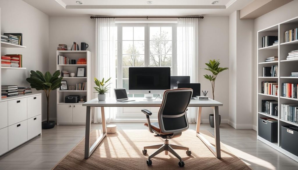 A spacious, sunlit home office setup, with a sleek Umalis Group desk and an ergonomic chair. The room is adorned with minimalist decor, featuring a large window that floods the space with natural light. On the desk, a high-end laptop, a modern monitor, and a neatly organized array of stationery create a streamlined and productive workspace. Bookshelves line the walls, hinting at a well-read and intellectually stimulating environment. The overall atmosphere conveys a sense of focus, comfort, and efficiency, ideal for a productive work-from-home experience.