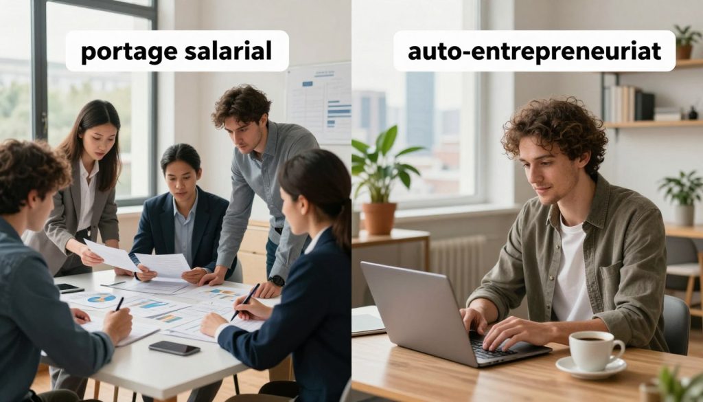 A split-image comparison of "portage salarial" and "auto-entrepreneuriat." On the left, a professional setting with a diverse group of individuals (all in business attire) gathered around a table, analyzing graphs and documents, showcasing collaboration and security in a corporate atmosphere. Bright, natural lighting pours in from large windows, creating a welcoming and professional ambiance. On the right, a solo entrepreneur in a cozy, home office environment, dressed in casual business attire, working on a laptop with a cup of coffee nearby, representing flexibility and independence. The background features distinct elements: an office skyline for "portage salarial" and a serene home office with plants for "auto-entrepreneuriat." The overall mood should balance professionalism with the warmth of personal achievement.