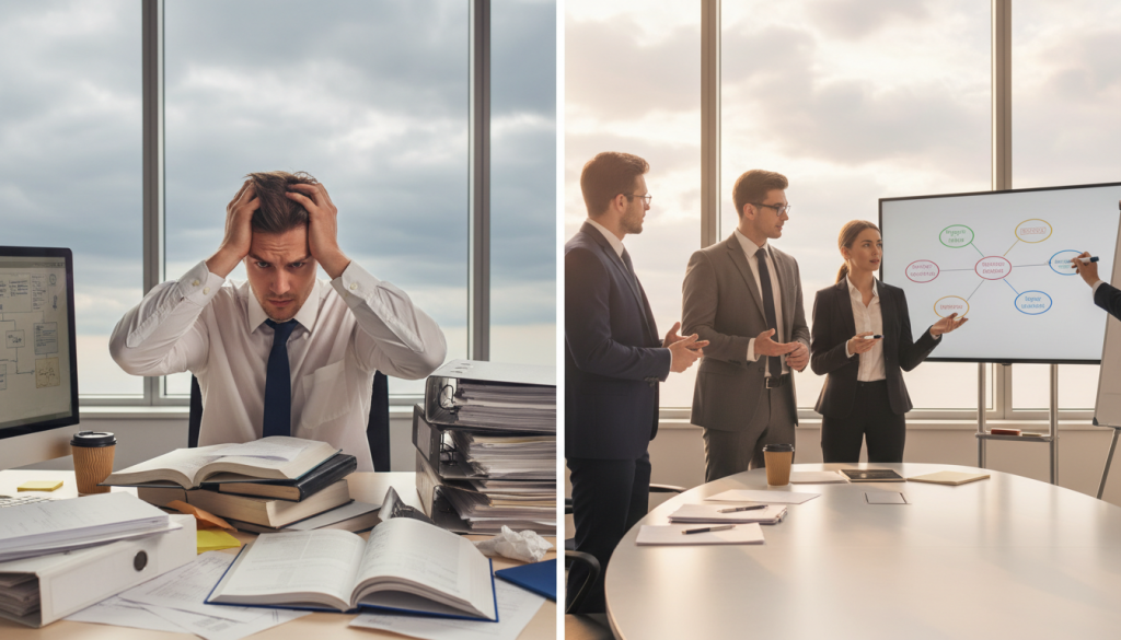 A split-image composition depicting the drawbacks of training in a professional setting: on the left, a frustrated employee sitting at a cluttered desk littered with papers and training manuals, showcasing a sense of overwhelm; on the right, a small group in a bright conference room engaged in a focused discussion, illustrating effective collaboration and solutions. In the background, a large window reveals a cloudy sky, symbolizing challenges, while the foreground is illuminated by warm, natural light, creating a contrast between the stress of traditional methods and the positivity of practical solutions. Emphasize human subjects in business attire to reflect professionalism, ensuring a serious yet hopeful atmosphere. Use a standard lens with an eye-level angle to create an engaging and relatable perspective.