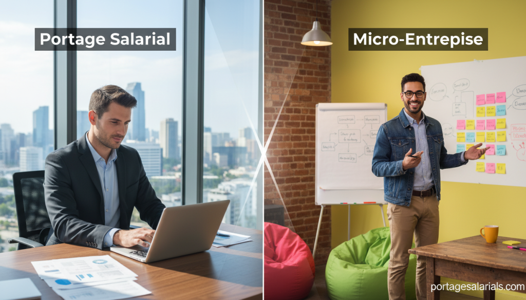 A split image highlighting the differences between portage salarial and micro-entreprise. On the left, a professional setting with a business person in formal attire confidently reviewing documents and using a laptop, symbolizing portage salarial. The background features a modern office space with large windows allowing natural light, creating a bright atmosphere. On the right, a casual business environment with an entrepreneur in smart-casual clothing brainstorming ideas with sticky notes on a wall, representing micro-entreprise. The background shows a creative workspace with vibrant colors and informal seating. The scene is framed in a balanced way, creating a comparative perspective. The mood is professional yet inviting, enhancing the notion of choice in business structures. Include a subtle watermark of "portagesalarials.com" in the corner for branding. A split image highlighting the differences between portage salarial and micro-entreprise. On the left, a professional setting with a business person in formal attire confidently reviewing documents and using a laptop, symbolizing portage salarial. The background features a modern office space with large windows allowing natural light, creating a bright atmosphere. On the right, a casual business environment with an entrepreneur in smart-casual clothing brainstorming ideas with sticky notes on a wall, representing micro-entreprise. The background shows a creative workspace with vibrant colors and informal seating. The scene is framed in a balanced way, creating a comparative perspective. The mood is professional yet inviting, enhancing the notion of choice in business structures. Include a subtle watermark of "portagesalarials.com" in the corner for branding.