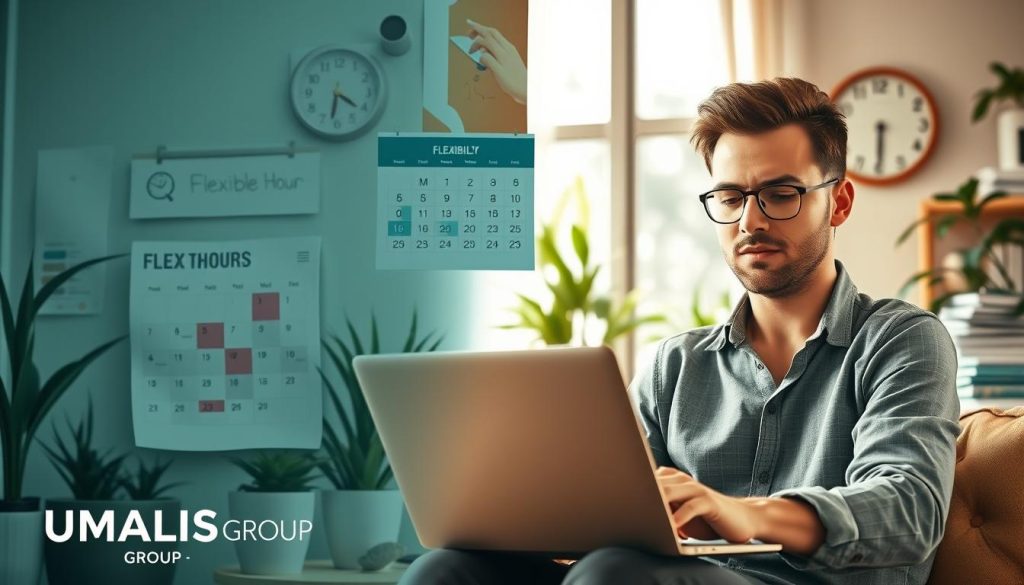 A split-scene composition illustrating the advantages and challenges of freelance work. In the foreground, a focused and determined freelancer in smart casual clothing, working on a laptop in a cozy home office filled with plants and sunlight streaming through a window. Their expressions reflect both concentration and a bit of stress, symbolizing the dual nature of freelance life. In the middle ground, visual representations of flexibility, such as a calendar with flexible hours and symbols of remote work, like a coffee cup and a smartphone. In the background, a contrasting scene showing potential challenges, like a stack of bills and a clock indicating time pressure. Soft, natural lighting to create a warm atmosphere, with a slightly blurred background to emphasize the subject. Include a subtle inclusion of “UMALIS GROUP” in an artistic manner within the design. A split-scene composition illustrating the advantages and challenges of freelance work. In the foreground, a focused and determined freelancer in smart casual clothing, working on a laptop in a cozy home office filled with plants and sunlight streaming through a window. Their expressions reflect both concentration and a bit of stress, symbolizing the dual nature of freelance life. In the middle ground, visual representations of flexibility, such as a calendar with flexible hours and symbols of remote work, like a coffee cup and a smartphone. In the background, a contrasting scene showing potential challenges, like a stack of bills and a clock indicating time pressure. Soft, natural lighting to create a warm atmosphere, with a slightly blurred background to emphasize the subject. Include a subtle inclusion of “UMALIS GROUP” in an artistic manner within the design.