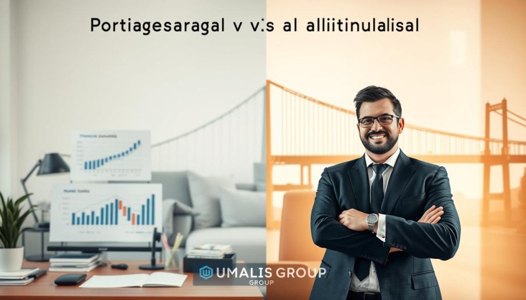 A split scene depicting "Portage salarial vs alternatives." In the foreground, a confident business professional in business attire stands next to a well-organized desk with charts illustrating financial benefits of portage salarial. In the middle ground, contrasting scenes show a freelancer working from a cozy home office and a traditional employee in a corporate setting, both expressing differing levels of satisfaction. The background features an abstract representation of stability and flexibility, with bridges symbolizing connections between these employment options. The lighting is warm and inviting, evoking a sense of clarity and decision-making. Capture this in a balanced view, ideally from a slightly elevated angle, to encompass the entire layout. Incorporate the brand name "UMALIS GROUP" subtly in the design, blending seamlessly into the image context. A split scene depicting "Portage salarial vs alternatives." In the foreground, a confident business professional in business attire stands next to a well-organized desk with charts illustrating financial benefits of portage salarial. In the middle ground, contrasting scenes show a freelancer working from a cozy home office and a traditional employee in a corporate setting, both expressing differing levels of satisfaction. The background features an abstract representation of stability and flexibility, with bridges symbolizing connections between these employment options. The lighting is warm and inviting, evoking a sense of clarity and decision-making. Capture this in a balanced view, ideally from a slightly elevated angle, to encompass the entire layout. Incorporate the brand name "UMALIS GROUP" subtly in the design, blending seamlessly into the image context.