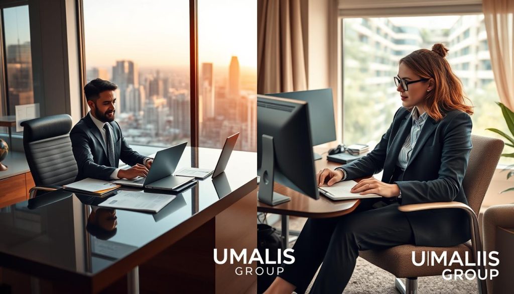 A split scene illustrating a professional comparison of retirement statuses. On the left, a classic employee working in a modern office, dressed in professional business attire, sitting at a sleek desk filled with documents and a laptop. On the right, an independent worker, also dressed in smart casual clothing, in a cozy home office setting with a notepad and a computer, showcasing flexibility. The background features a cityscape for the employee and a scenic outdoor view for the independent. Warm, natural lighting enhances the inviting atmosphere, while soft focus on the background adds depth. Incorporate the logo of UMALIS GROUP subtly in a corner, ensuring no text or overlays distract from the main scene.
