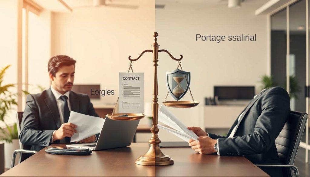 A split scene illustrating "portage salarial" on one side and freelancing on the other. In the foreground, a professional individual in business attire is seated at a desk, reviewing documents related to their freelance work versus portage salarial, looking thoughtful. The middle section features a scale or balance, symbolizing comparison, with items representing both work styles: a laptop and a contract on one side, and a shield and a flexible hourglass on the other. The background shows a modern office environment with soft, natural lighting that conveys a sense of comfort and professionalism. The atmosphere should feel dynamic yet serene, reflecting the benefits and security of both options.