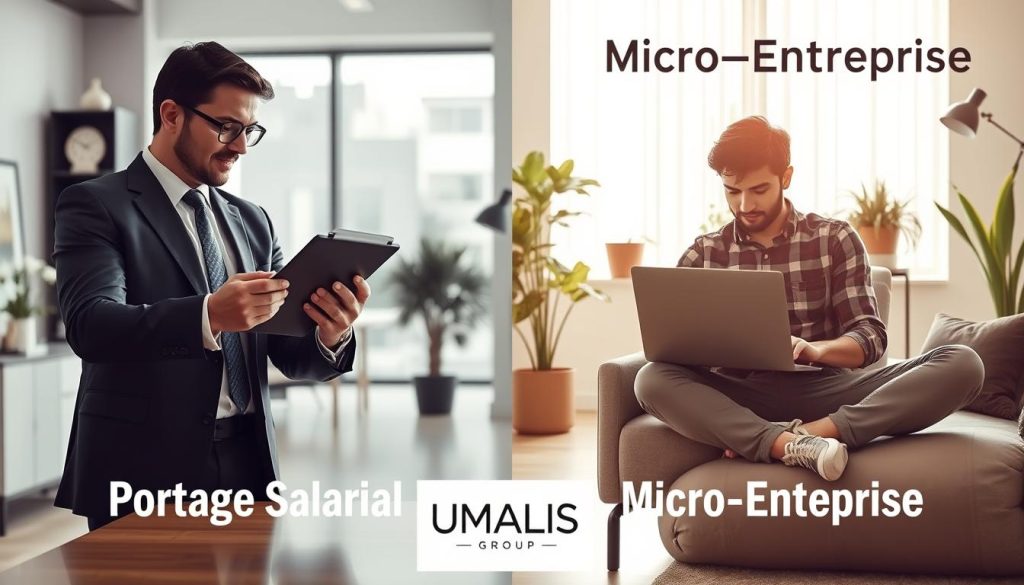 A split scene illustrating the comparison between "Portage Salarial" and "Micro-Entreprise." On the left, a professional business setting with a person in business attire reviewing documents with a digital tablet, symbolizing Portage Salarial, surrounded by modern office decor. On the right, a casual workspace with a relaxed individual in modest casual clothing using a laptop, representing a Micro-Entreprise, with personal touches like plants and artwork. The background features a bright, well-lit room with natural lighting pouring in through a window, creating a warm and inviting atmosphere. The overall mood should evoke a sense of professionalism and clarity, emphasizing the differences and benefits of each model. Include the brand name "UMALIS GROUP" subtly in the design elements without overpowering the scene.