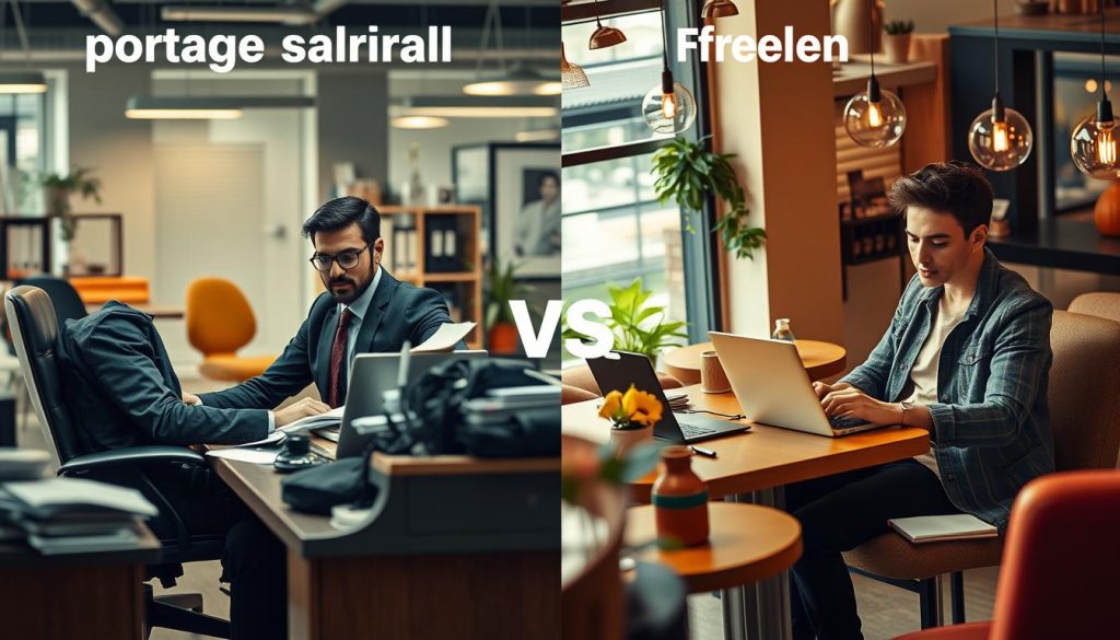 A split scene illustrating the comparison between "portage salarial" and freelance work. On the left, a professional in business attire sits at a desk cluttered with paperwork, a laptop showing a payroll system, and a focused expression, symbolizing stability and support of portage salarial. On the right, a casual dressed freelancer works from a vibrant café, surrounded by a laptop, coffee, and creative materials, depicting the freedom of freelance life. The background features contrasting environments: an office setting filled with modern furnishings on the left and a lively café atmosphere on the right. Soft lighting highlights the professionalism on one side and the relaxed vibe on the other, creating an engaging visual narrative. A split scene illustrating the comparison between "portage salarial" and freelance work. On the left, a professional in business attire sits at a desk cluttered with paperwork, a laptop showing a payroll system, and a focused expression, symbolizing stability and support of portage salarial. On the right, a casual dressed freelancer works from a vibrant café, surrounded by a laptop, coffee, and creative materials, depicting the freedom of freelance life. The background features contrasting environments: an office setting filled with modern furnishings on the left and a lively café atmosphere on the right. Soft lighting highlights the professionalism on one side and the relaxed vibe on the other, creating an engaging visual narrative.