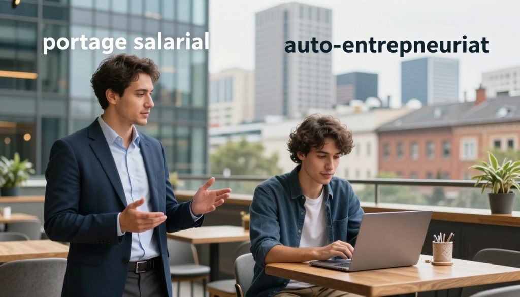 A split scene illustrating the differences between "portage salarial" and "auto-entrepreneuriat". In the foreground, on the left, a professional individual in business attire confidently discusses work opportunities in front of a modern office building, representing portage salarial. They exude a sense of security and professionalism. In the middle, a young entrepreneur, dressed in smart casual clothing, sits at a cozy coffee shop with a laptop, depicting the more independent and flexible nature of auto-entrepreneuriat. The background features a city skyline with both contemporary and traditional architecture, symbolizing the blend of both business approaches. Soft, natural lighting creates a welcoming atmosphere, while a shallow depth of field keeps the focus on the individuals. A split scene illustrating the differences between "portage salarial" and "auto-entrepreneuriat". In the foreground, on the left, a professional individual in business attire confidently discusses work opportunities in front of a modern office building, representing portage salarial. They exude a sense of security and professionalism. In the middle, a young entrepreneur, dressed in smart casual clothing, sits at a cozy coffee shop with a laptop, depicting the more independent and flexible nature of auto-entrepreneuriat. The background features a city skyline with both contemporary and traditional architecture, symbolizing the blend of both business approaches. Soft, natural lighting creates a welcoming atmosphere, while a shallow depth of field keeps the focus on the individuals.