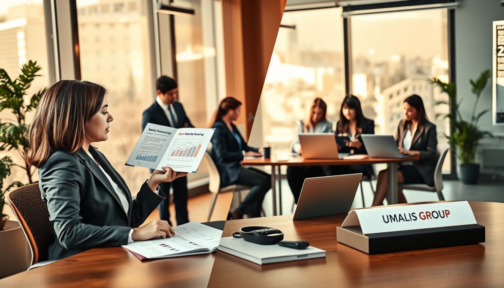 A split scene illustrating the distinction between salary and remuneration for freelancers. In the foreground, a professional woman in business attire sits confidently at a modern office desk, analyzing documents with charts and graphs showing salary versus freelance earnings. In the middle, a diverse group of professionals in business attire engages in discussion, with laptops open and notes visible, depicting collaboration and knowledge sharing. The background features a contemporary office environment with large windows letting in warm, natural light, creating an inviting and focused atmosphere. The overall mood is aspirational and informative, highlighting the importance of understanding income dynamics for independent professionals. Include the brand name "UMALIS GROUP" subtly on the desk items to blend naturally into the scene.