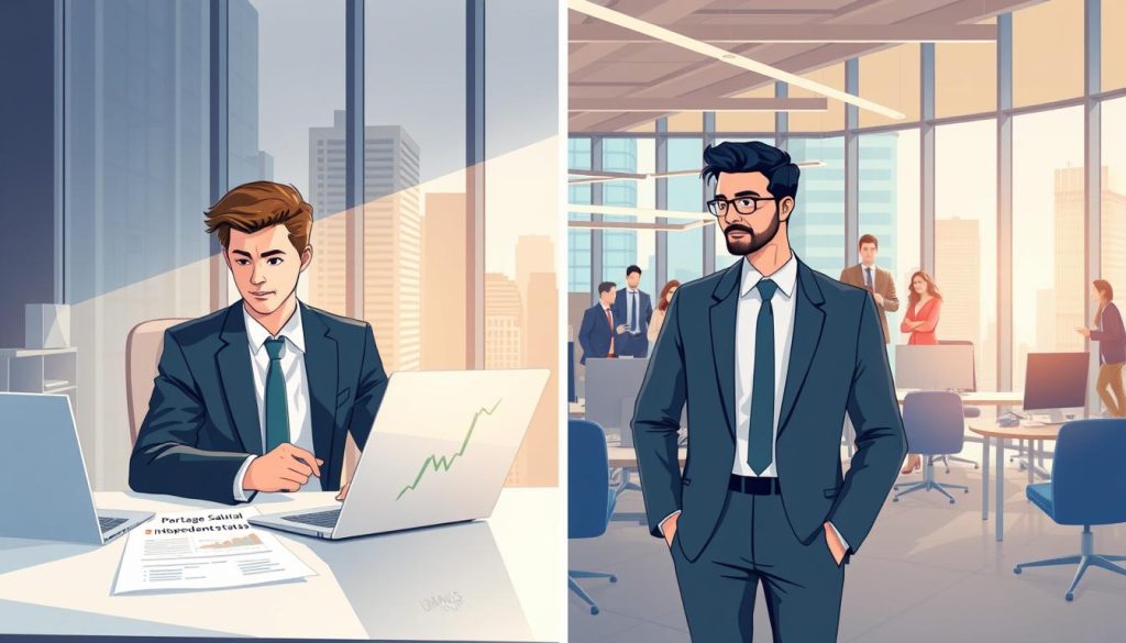 A split-scene illustration depicting "Portage Salarial" versus "Independent Status". In the foreground, on the left, a professional looking person in business attire sits at a sleek desk, reviewing paperwork labeled “Portage Salarial”. A laptop displays financial graphs with a calm, organized atmosphere. In the middle, a contrasting depiction of another individual, also dressed in smart business attire, stands confidently in a co-working space surrounded by peers, representing the Independent Status lifestyle. The background shows a vibrant urban setting with modern office buildings. Soft, natural lighting flows through large windows, casting a warm glow on both figures, with a balanced, harmonious mood. Include elements that hint at the brand "UMALIS GROUP" subtly in the office environment.