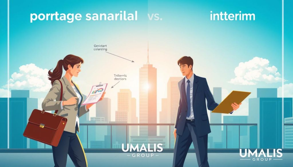 A split-scene illustration depicting the advantages and disadvantages of "portage salarial" and "intérim" in a professional setting. In the foreground, two professionals in business attire, one representing portage salarial (holding a briefcase with charts), and the other representing intérim (holding a clipboard with tasks). In the middle ground, a dynamic office environment illustrating the contrasts, with one side showing collaboration and stability, while the other side depicts flexibility and temporary tasks. The background features a modern office skyline with clear blue skies, symbolizing opportunity. The lighting is bright and inviting, emphasizing productivity and professionalism. The overall mood is balanced and informative, capturing the essence of choice and decision-making in the workplace. Include subtle branding elements of "UMALIS GROUP."