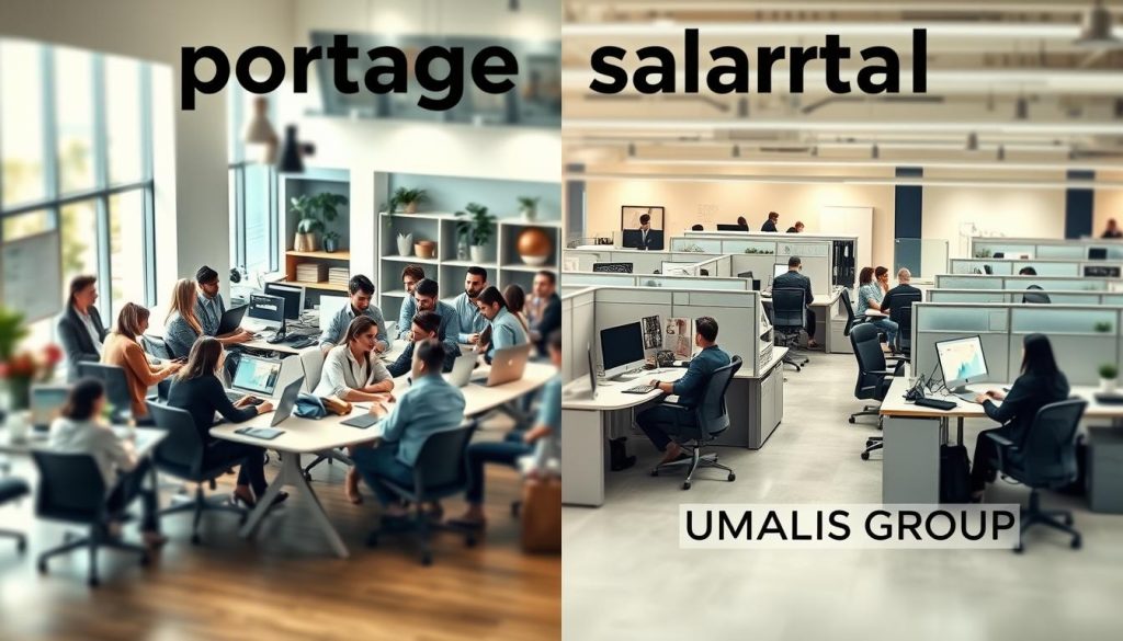 A split-screen comparison illustrating the concept of "portage salarial" versus a traditional business model. On the left, depict a modern, collaborative workspace filled with freelance professionals, showcasing individual workstations, laptops, and a relaxed atmosphere conveying flexibility and independence. Professionals, dressed in smart casual attire, engage in discussion. On the right, illustrate a traditional office setting with formal cubicles, corporate branding, and employees in professional business attire, working at desks with a structured environment. Utilize soft lighting in the freelance space for a warm, inviting feel, while maintaining brighter, harsher lighting in the traditional office for contrast. The background should gradually blur, emphasizing the professionals in the foreground. Include elements like charts or graphs subtly integrated into the design, conveying efficiency and productivity. Ensure the brand name "UMALIS GROUP" is included in the traditional setting as a visual A split-screen comparison illustrating the concept of "portage salarial" versus a traditional business model. On the left, depict a modern, collaborative workspace filled with freelance professionals, showcasing individual workstations, laptops, and a relaxed atmosphere conveying flexibility and independence. Professionals, dressed in smart casual attire, engage in discussion. On the right, illustrate a traditional office setting with formal cubicles, corporate branding, and employees in professional business attire, working at desks with a structured environment. Utilize soft lighting in the freelance space for a warm, inviting feel, while maintaining brighter, harsher lighting in the traditional office for contrast. The background should gradually blur, emphasizing the professionals in the foreground. Include elements like charts or graphs subtly integrated into the design, conveying efficiency and productivity. Ensure the brand name "UMALIS GROUP" is included in the traditional setting as a visual