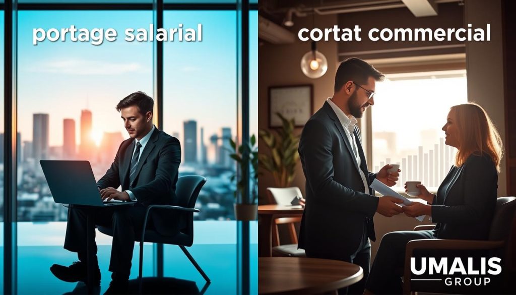 A split-screen comparison image illustrating "portage salarial" on one side and "contrat commercial" on the other. On the left, portray a professional consultant in a business suit, working on a laptop in a modern office setting with a large window showing a city skyline, representing stability and security. The lighting is bright and inviting, creating a sense of optimism. On the right, depict a self-employed contractor in smart casual attire, discussing plans with a client over a coffee in a cozy café ambiance, with natural lighting filtering through the window. Include visual elements like graphs and charts that symbolize business growth and safety, with the brand name "UMALIS GROUP" subtly integrated into the design. The overall mood should convey professionalism, growth, and security in career choices.