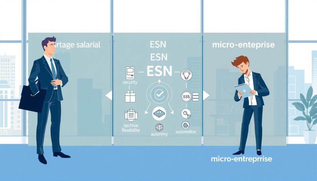 A split-screen illustration comparing "portage salarial", "ESN", and "micro-entreprise". In the foreground, three distinct professional figures in business attire represent each concept: one holding a briefcase stands confidently for portage salarial, another, a tech-savvy individual at a laptop symbolizes ESN, and a third, a creative freelancer with a tablet embodies micro-entreprise. In the middle, diagrams and icons reflect the unique features of each work arrangement, such as security, flexibility, and autonomy. The background features an office setting with natural lighting, large windows, and a cityscape view, creating an atmosphere of modern professionalism and opportunity. The color palette should be harmonious with a focus on cool, calming tones, emphasizing clarity and professionalism. A split-screen illustration comparing "portage salarial", "ESN", and "micro-entreprise". In the foreground, three distinct professional figures in business attire represent each concept: one holding a briefcase stands confidently for portage salarial, another, a tech-savvy individual at a laptop symbolizes ESN, and a third, a creative freelancer with a tablet embodies micro-entreprise. In the middle, diagrams and icons reflect the unique features of each work arrangement, such as security, flexibility, and autonomy. The background features an office setting with natural lighting, large windows, and a cityscape view, creating an atmosphere of modern professionalism and opportunity. The color palette should be harmonious with a focus on cool, calming tones, emphasizing clarity and professionalism.