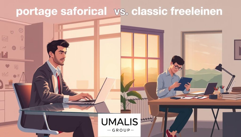A split-screen illustration comparing "portage salarial" and classic freelance work. On the left, a professional individual wearing business attire, seated at a sleek desk with a laptop, showing a sense of collaboration in a modern office space, soft natural lighting highlighting their focused expression. On the right, a classic freelancer in a cozy home office, casually dressed, working on a tablet with a relaxed demeanor and a window view of a serene landscape, warm ambient lighting creating a comfortable atmosphere. In the background, include subtle outlines of relevant symbols, like graphs and charts for portage salarial, and a cluttered desk with creative tools for traditional freelance work. Incorporate the logo and branding of "UMALIS GROUP" in a discreet manner. A split-screen illustration comparing "portage salarial" and classic freelance work. On the left, a professional individual wearing business attire, seated at a sleek desk with a laptop, showing a sense of collaboration in a modern office space, soft natural lighting highlighting their focused expression. On the right, a classic freelancer in a cozy home office, casually dressed, working on a tablet with a relaxed demeanor and a window view of a serene landscape, warm ambient lighting creating a comfortable atmosphere. In the background, include subtle outlines of relevant symbols, like graphs and charts for portage salarial, and a cluttered desk with creative tools for traditional freelance work. Incorporate the logo and branding of "UMALIS GROUP" in a discreet manner.