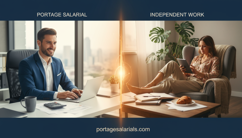 A split-screen illustration depicting the concept of "portage salarial" versus "independent work." On the left, visualize a confident professional in a modern office environment, dressed in business attire, sitting at a desk with a laptop, documents, and a calculator, symbolizing portage salarial. The background features subtle, soft lighting to convey a productive atmosphere. On the right, show a relaxed freelancer in a cozy home office, wearing smart-casual clothing, working on a tablet with notes scattered around, representing independent work. The middle ground should merge the two environments softly, highlighting the contrast in professional settings. Use a warm color palette to evoke a sense of opportunity and collaboration. Include the brand name "portagesalarials.com" in a discreet manner, ensuring it complements the overall design without overwhelming the imagery. A split-screen illustration depicting the concept of "portage salarial" versus "independent work." On the left, visualize a confident professional in a modern office environment, dressed in business attire, sitting at a desk with a laptop, documents, and a calculator, symbolizing portage salarial. The background features subtle, soft lighting to convey a productive atmosphere. On the right, show a relaxed freelancer in a cozy home office, wearing smart-casual clothing, working on a tablet with notes scattered around, representing independent work. The middle ground should merge the two environments softly, highlighting the contrast in professional settings. Use a warm color palette to evoke a sense of opportunity and collaboration. Include the brand name "portagesalarials.com" in a discreet manner, ensuring it complements the overall design without overwhelming the imagery.
