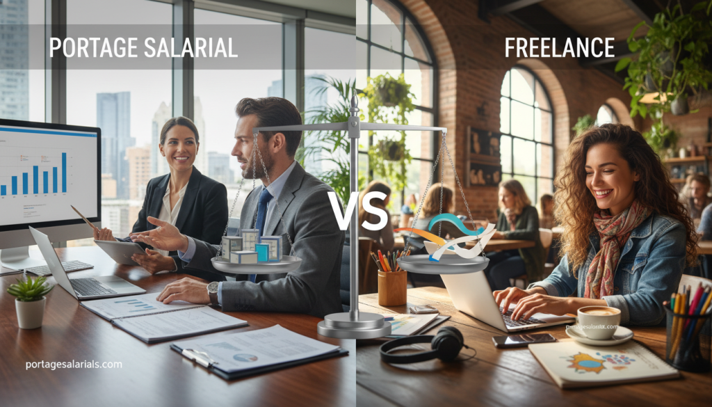 A split-screen image depicting the comparison between "Portage Salarial" and "Freelance" work models. On the left, show a professional in business attire engaged in a meeting, clearly defining structure and support, with documents and a computer on the table. The middle layer features a balance scale overlaying the two sides, symbolizing comparison. On the right, depict a freelancer in casual business attire, working in a vibrant café, surrounded by a laptop and creative materials, showing freedom and flexibility. The background should be a modern office on the left and a lively café on the right, illuminated by warm natural light, creating an inviting atmosphere. Incorporate elements that signify "portagesalarials.com" subtly within the scene.