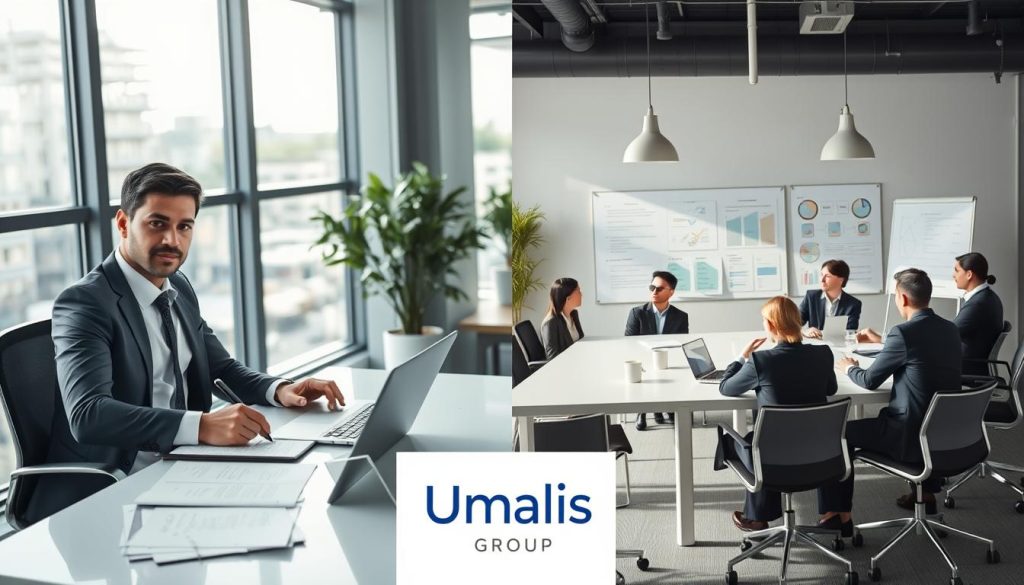 A split-screen image depicting the comparison between freelance work and portage salarial. On the left, a confident professional in smart business attire working at a desk, surrounded by a laptop, papers, and a coffee cup, symbolizing the freelance lifestyle. On the right, a group of professionals in formal attire engaged in a meeting around a large table, with a presentation board illustrating business plans, representing the portage salarial model. The background features a modern office environment with large windows, allowing soft natural light to create a bright and inviting atmosphere. The mood is professional and uplifting, conveying clarity and choice. Include the brand logo "Umalis Group" subtly in the background. Use a wide-angle lens to capture both scenes cohesively. A split-screen image depicting the comparison between freelance work and portage salarial. On the left, a confident professional in smart business attire working at a desk, surrounded by a laptop, papers, and a coffee cup, symbolizing the freelance lifestyle. On the right, a group of professionals in formal attire engaged in a meeting around a large table, with a presentation board illustrating business plans, representing the portage salarial model. The background features a modern office environment with large windows, allowing soft natural light to create a bright and inviting atmosphere. The mood is professional and uplifting, conveying clarity and choice. Include the brand logo "Umalis Group" subtly in the background. Use a wide-angle lens to capture both scenes cohesively.