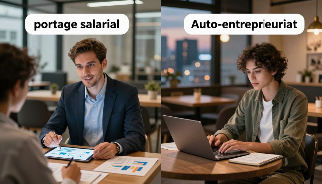 A split-screen image depicting the comparison between "portage salarial" and "auto-entrepreneuriat" in a professional context. In the foreground, on the left, a confident business professional in business attire, representing portage salarial, is discussing with a client in a modern office setting, surrounded by graphs and charts on a digital tablet. On the right, an independent freelancer in modest casual clothing is working on a laptop at a cozy café, with a notepad filled with ideas. The middle ground shows a clear contrast between the structured office environment and the relaxed café atmosphere. The background features a cityscape at dusk, with warm ambient lighting, creating a sense of connectivity and opportunity. The overall mood is dynamic, illustrating the balance between security and flexibility in independent work.