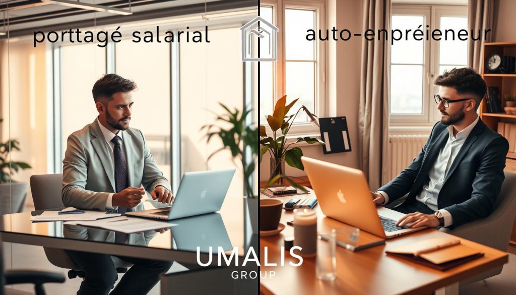 A split-screen image highlighting the contrast between "portage salarial" and "auto-entrepreneur". On the left, a professional business setting featuring a well-dressed individual representing portage salarial, engaging in a discussion at a modern office, with a laptop and documents on a sleek desk. The atmosphere is collaborative, with warm, inviting lighting that highlights professionalism. On the right, an individual in smart casual attire symbolizes the auto-entrepreneurship concept, working from a cozy home office, surrounded by personal items and a bright window, creating a more relaxed mood. In the background, subtle visuals of charts and graphs representing financial growth can be seen. The branding "UMALIS GROUP" is elegantly incorporated into the design, enhancing the professional context without overpowering the overall image. A split-screen image highlighting the contrast between "portage salarial" and "auto-entrepreneur". On the left, a professional business setting featuring a well-dressed individual representing portage salarial, engaging in a discussion at a modern office, with a laptop and documents on a sleek desk. The atmosphere is collaborative, with warm, inviting lighting that highlights professionalism. On the right, an individual in smart casual attire symbolizes the auto-entrepreneurship concept, working from a cozy home office, surrounded by personal items and a bright window, creating a more relaxed mood. In the background, subtle visuals of charts and graphs representing financial growth can be seen. The branding "UMALIS GROUP" is elegantly incorporated into the design, enhancing the professional context without overpowering the overall image.