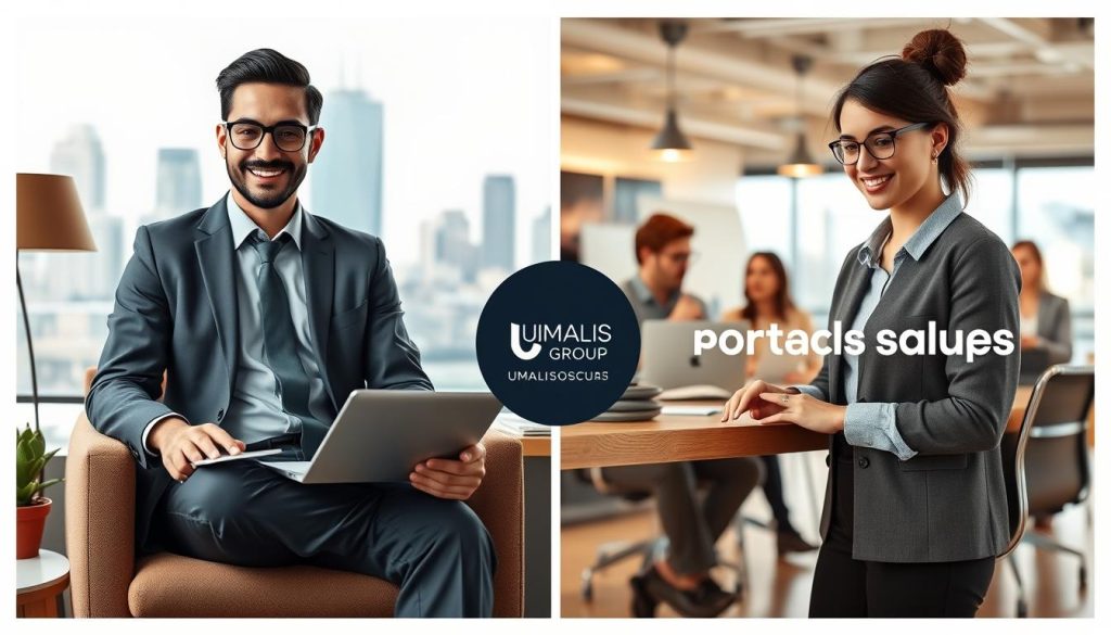 A split-screen image illustrating the comparison between traditional independence and portage salarial. On the left, a confident freelancer in professional business attire works from a cozy home office, surrounded by notes and a laptop, representing the flexibility of independent work. On the right, a consultant in modest casual clothing collaborates with a team in a modern office environment, showcasing the support and security of portage salarial. The background features a city skyline for a professional feel, while warm lighting creates a welcoming atmosphere. Emphasize the logo "UMALIS GROUP" subtly incorporated in the office space, highlighting their role in this concept. Use a focus lens to capture the details of each scene, creating a harmonious balance between independence and collaborative support.