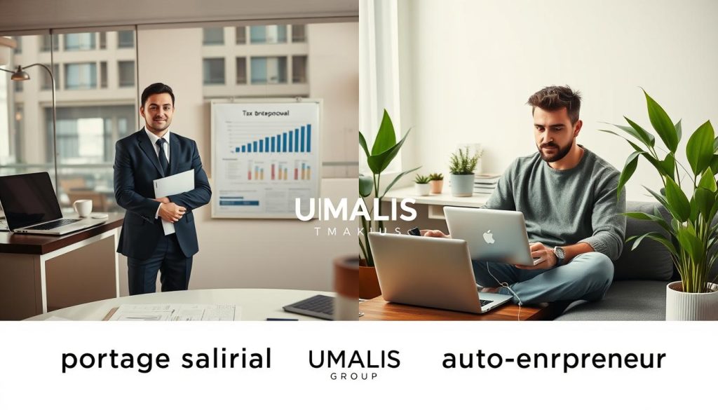 A split-screen image illustrating the contrast between "portage salarial" and "auto-entrepreneur." On the left side, a professional in business attire, standing confidently at a sleek desk with a laptop, showcasing the structured environment of portage salarial, surrounded by documents and a clear tax breakdown chart. On the right side, a relaxed individual in modest casual clothing, working from a cozy home office, with a more informal setup including coffee, plants, and a laptop, symbolizing the auto-entrepreneur lifestyle. The backdrop should blend elements of urban and home life, with soft, natural lighting to create a warm atmosphere. Incorporate the brand name "UMALIS GROUP" subtly in the scene as part of the documents or the laptop screen.