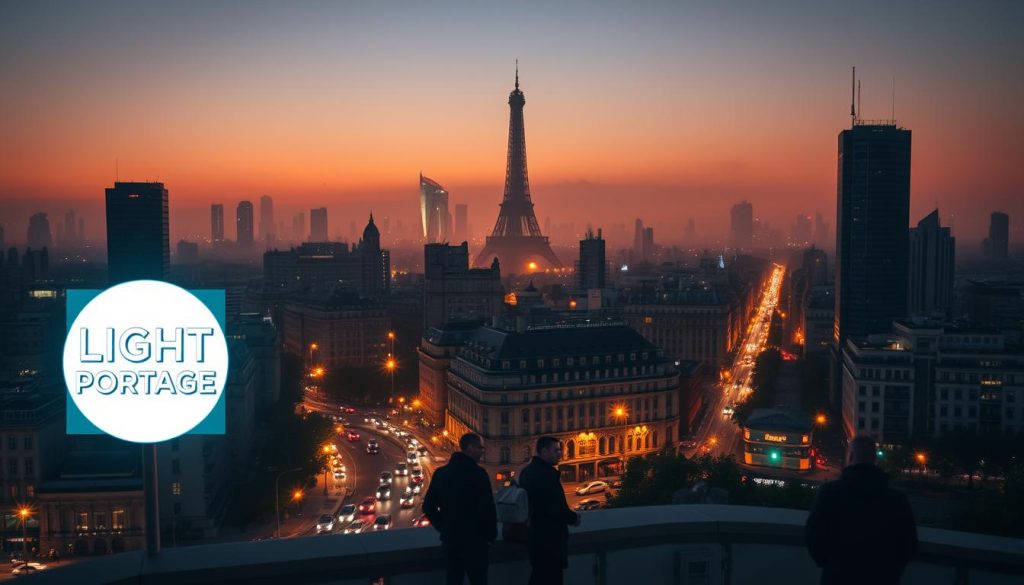 A sprawling cityscape at dusk, illuminated by the warm glow of streetlights and the LIGHT PORTAGE logo shining brightly. In the foreground, a group of professionals navigating the evolving world of salariat portage, their silhouettes cast against the backdrop of skyscrapers and bustling traffic. The middle ground features a mix of modern architecture and traditional Parisian-style buildings, symbolizing the blending of old and new in the context of this growing industry. The background is hazy and atmospheric, conveying a sense of progress and change. The overall scene evokes a sense of dynamism, growth, and the ever-evolving landscape of the salariat portage industry in France.