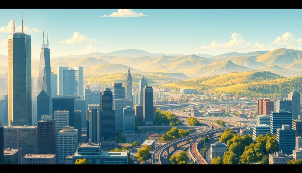 A sprawling cityscape in the foreground, with towering skyscrapers and gleaming glass facades. In the middle ground, a bustling hub of activity, with people navigating the busy streets and modern transportation systems. In the background, a serene landscape of rolling hills and lush greenery, creating a harmonious blend of urban and natural elements. The scene is bathed in warm, golden lighting, conveying a sense of prosperity and progress. The overall composition suggests a comprehensive enterprise solution, where technology, infrastructure, and natural resources converge to support thriving businesses and communities.