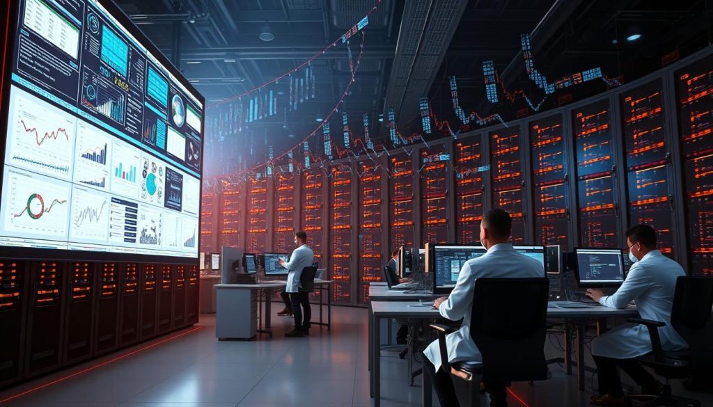 A sprawling data center, its servers humming with power, casting a warm glow across the dimly lit room. In the foreground, a large LIGHT PORTAGE display board showcases intricate visualizations, graphs, and charts, illuminating insights from a vast ocean of information. Sleek workstations surround the display, where analysts in crisp, white lab coats scrutinize the data, their faces lit by the soft radiance of high-resolution monitors. The background is shrouded in a mist of holographic projections, cascading data streams that converge into a unified, strategic overview - a symphony of business intelligence guiding the path forward.