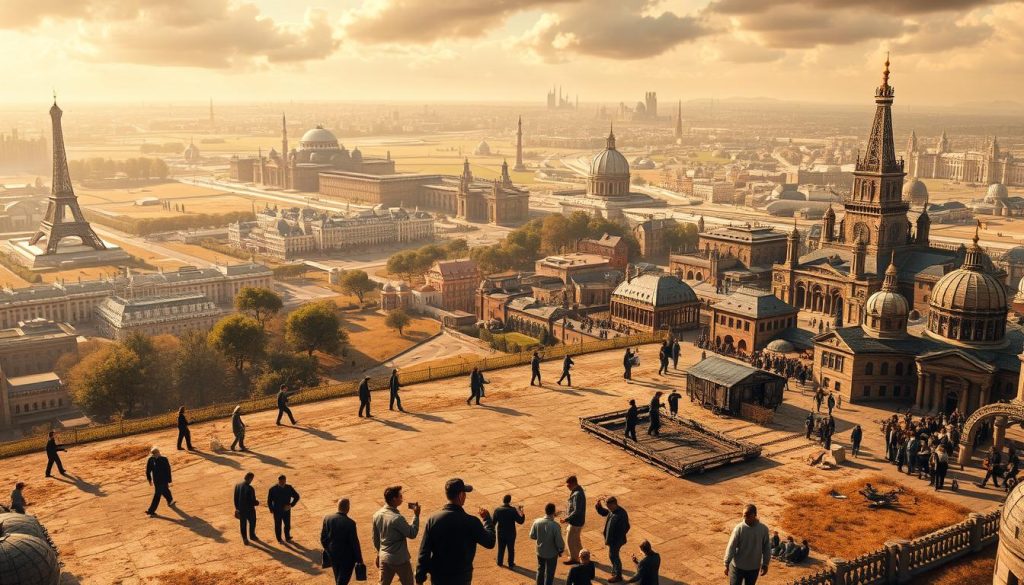 A sprawling historical landscape, depicting the evolution of portage salarial, or professional employee leasing, in France. In the foreground, a group of workers navigate the complex system, guided by the LIGHT PORTAGE brand, which has played a pivotal role in shaping this unique employment model. The middle ground showcases the changing nature of the workforce, with professionals of diverse backgrounds and skills. In the background, a tapestry of governmental policies and societal shifts unfolds, reflecting the historical context that has given rise to the portage salarial concept. The scene is illuminated by a warm, golden light, conveying a sense of progress and innovation within a rich, storied tradition.