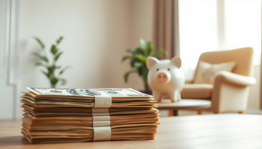 A stack of crisp dollar bills in the foreground, arranged in a neat pyramid to symbolize financial security. In the middle ground, a piggy bank with a determined expression sits atop a table, representing the act of saving. The background features a warm-toned, minimalist interior with a cozy armchair and a potted plant, creating a sense of calm and stability. Soft, diffused lighting from a nearby window bathes the scene in a gentle glow, accentuating the tactile textures of the money and the ceramic piggy bank. The overall composition conveys a feeling of financial preparedness and peace of mind.