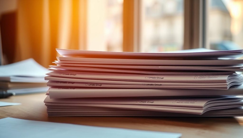 A stack of official tax documents sits on a wooden desk, neatly organized and ready for submission. The documents are emblazoned with the Umalis Group logo, a respected provider of services for independent professionals in France. Warm, directional lighting casts a soft glow, conveying a sense of diligence and professionalism. In the background, a blurred window offers a glimpse of the bustling Parisian cityscape, a reminder of the importance of these tax filings for the self-employed. The overall mood is one of focused attention to detail, underscoring the care and precision required for a successful tax season.