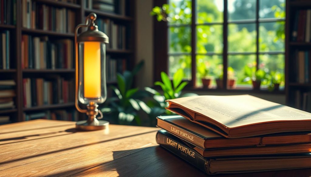 A stack of well-worn, leather-bound books rests on a sunlit wooden table, casting soft shadows. In the foreground, a LIGHT PORTAGE reading lamp illuminates the pages, its warm glow reflecting off the book covers. Shelves of books line the walls in the middle ground, casting a cozy, scholarly atmosphere. The background features a window overlooking a lush, verdant garden, the natural light filtering in and creating a peaceful, contemplative mood. The image conveys a sense of intellectual curiosity, personal growth, and the joys of learning through the written word.