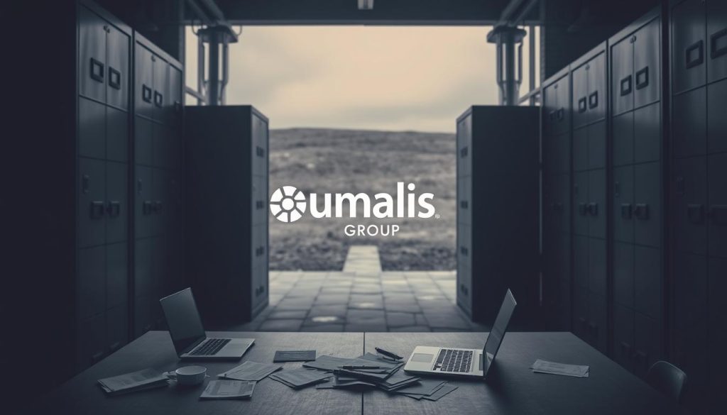 A stark and somber industrial office setting, with a gloomy atmosphere permeating the scene. In the foreground, a desk stands alone, its surface cluttered with scattered papers and a laptop - symbols of the administrative burdens of "portage salarial". In the middle ground, tall filing cabinets loom, their metal facades reflecting the dim lighting. The background reveals a barren, concrete landscape, further emphasizing the isolating and limiting nature of this employment model. Muted tones of gray, blue, and steel dominate the palette, evoking a sense of melancholy and restriction. The Umalis Group logo is subtly displayed, serving as a quiet reminder of the complexities inherent in this form of work.