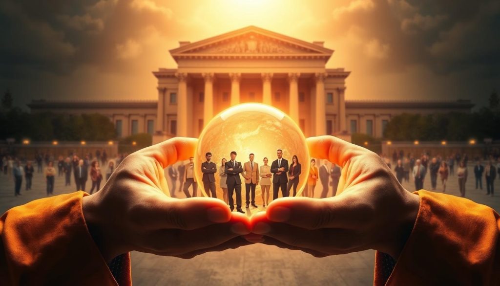 A stately and reassuring social security system, depicted through a striking visual. In the foreground, a pair of strong, protective hands cradling a glowing sphere, symbolizing the comprehensive coverage and security provided by the social protection offered by Umalis Group's portage salarial. The middle ground features a diverse workforce, each individual representing the range of professionals and consultants embraced by the service. In the background, a grand, imposing edifice - the foundation of the social safety net, bathed in warm, soft lighting that conveys a sense of trust and reliability. The overall scene projects an atmosphere of stability, reassurance, and the empowerment of experienced consultants through Umalis Group's comprehensive social protection.